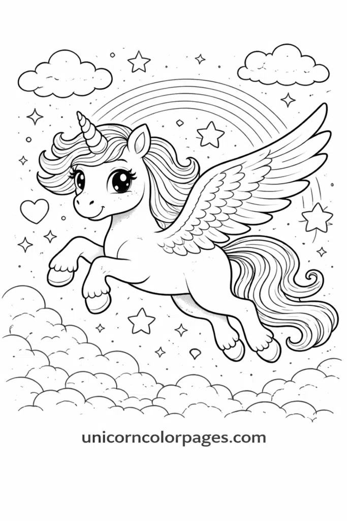 Unicorn with wings coloring page printable with cute face, stars and hearts for kids