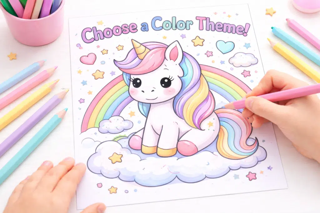 Cute unicorn coloring page with rainbow and pastel colors being colored by a child using colored pencils