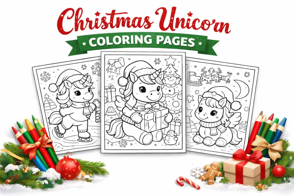 Christmas unicorn coloring pages printable with three cute festive unicorn designs