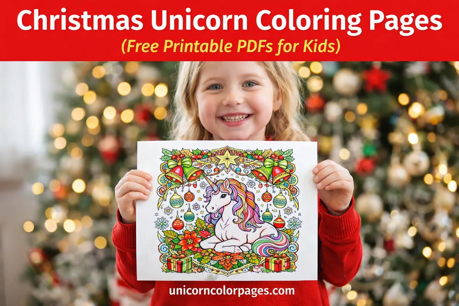 Smiling little girl holding a colorful Christmas unicorn coloring page in front of a decorated Christmas tree with festive text above.