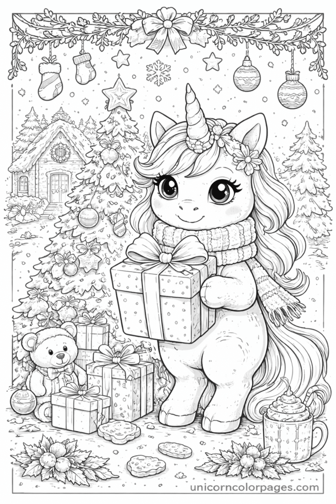unicorn christmas coloring page printable pdf cute unicorn with santa hat gift christmas tree snow scene for kids