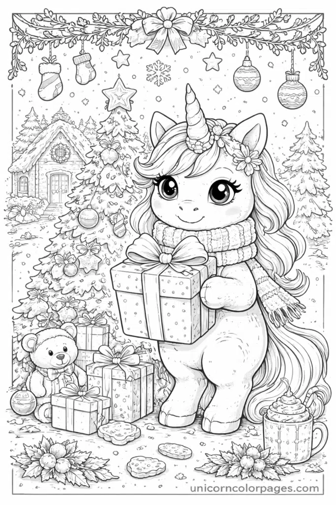 unicorn christmas coloring page printable pdf cute unicorn with santa hat gift christmas tree snow scene for kids