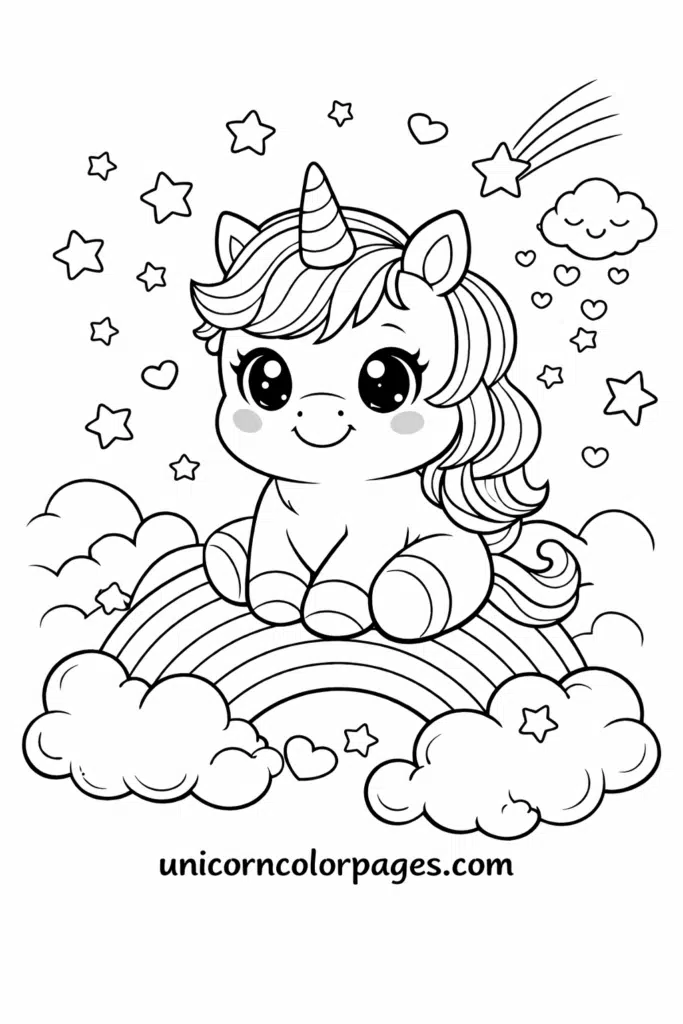 Chubby baby unicorn sitting on a rainbow with clouds and stars coloring page