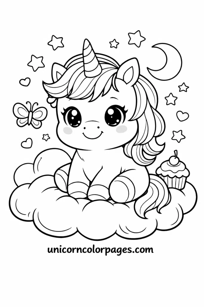Chubby baby unicorn sitting on a cloud with stars, moon, and cupcake coloring page