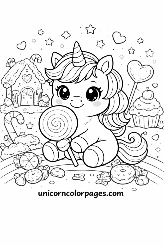 Chubby baby unicorn holding a lollipop in a candy land coloring page