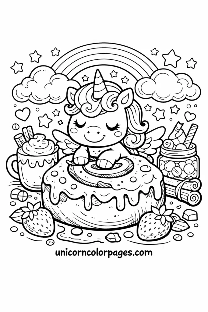 cinnamon roll unicorn coloring pages printable with cute sweet unicorn dessert design for kids