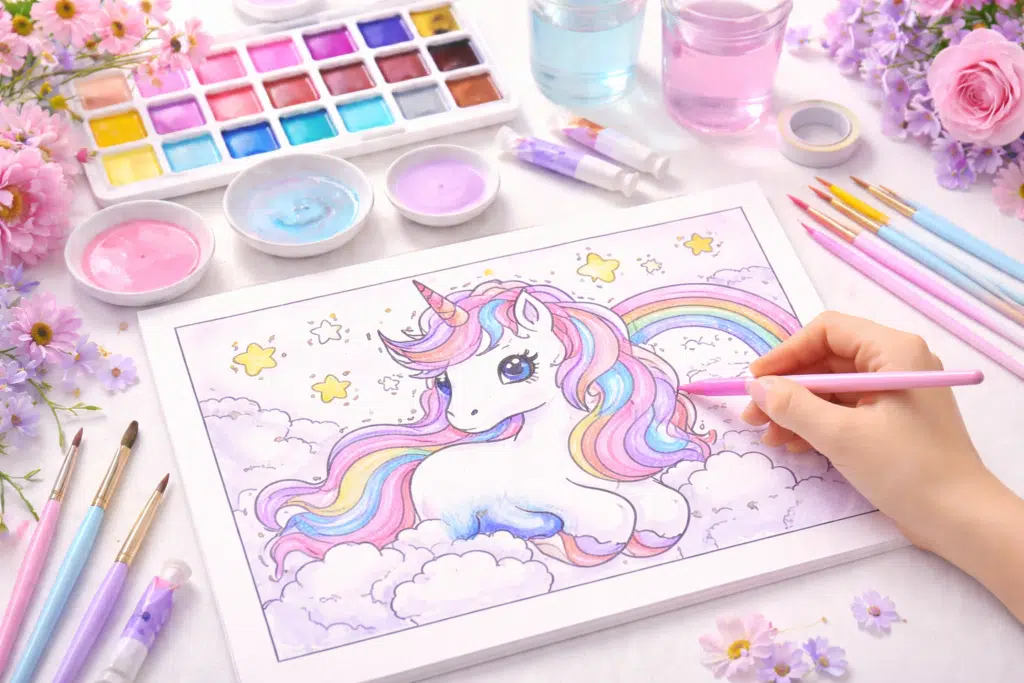 Child coloring the large body area of a unicorn coloring page before adding small details.