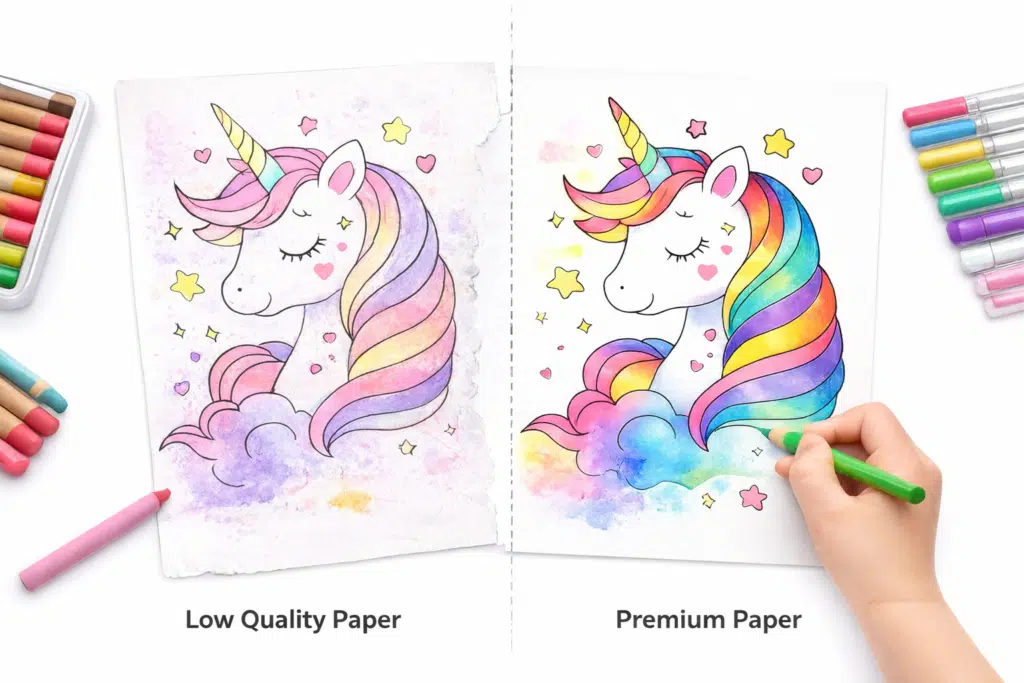 comparison of low vs premium paper for unicorn coloring pages showing color brightness and bleed-through
