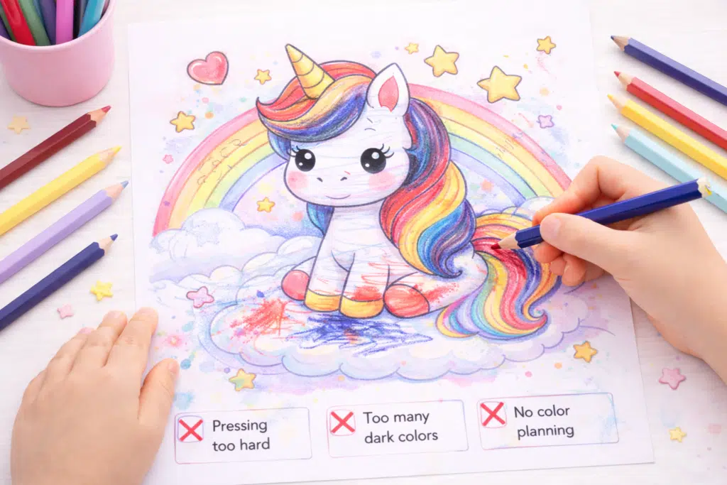 Child making coloring mistakes on a unicorn page, including pressing too hard, messy strokes, and poor color choices.