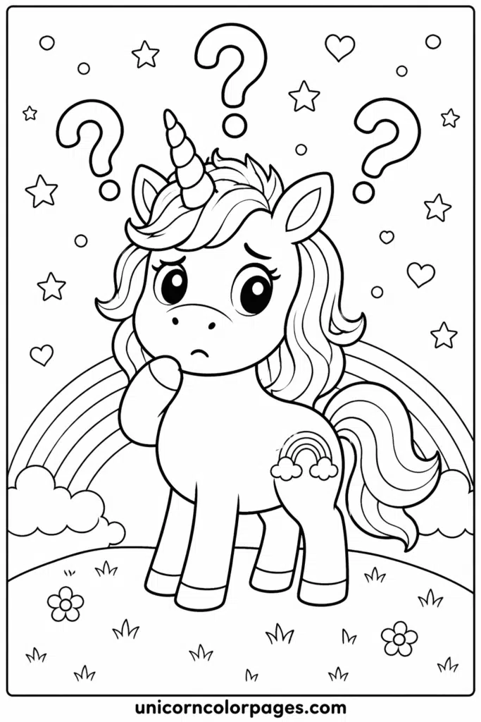 Standing confused unicorn with rainbow and question marks coloring page