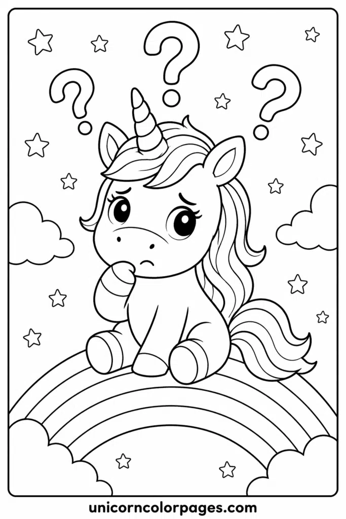 Confused unicorn sitting on rainbow with question marks coloring page