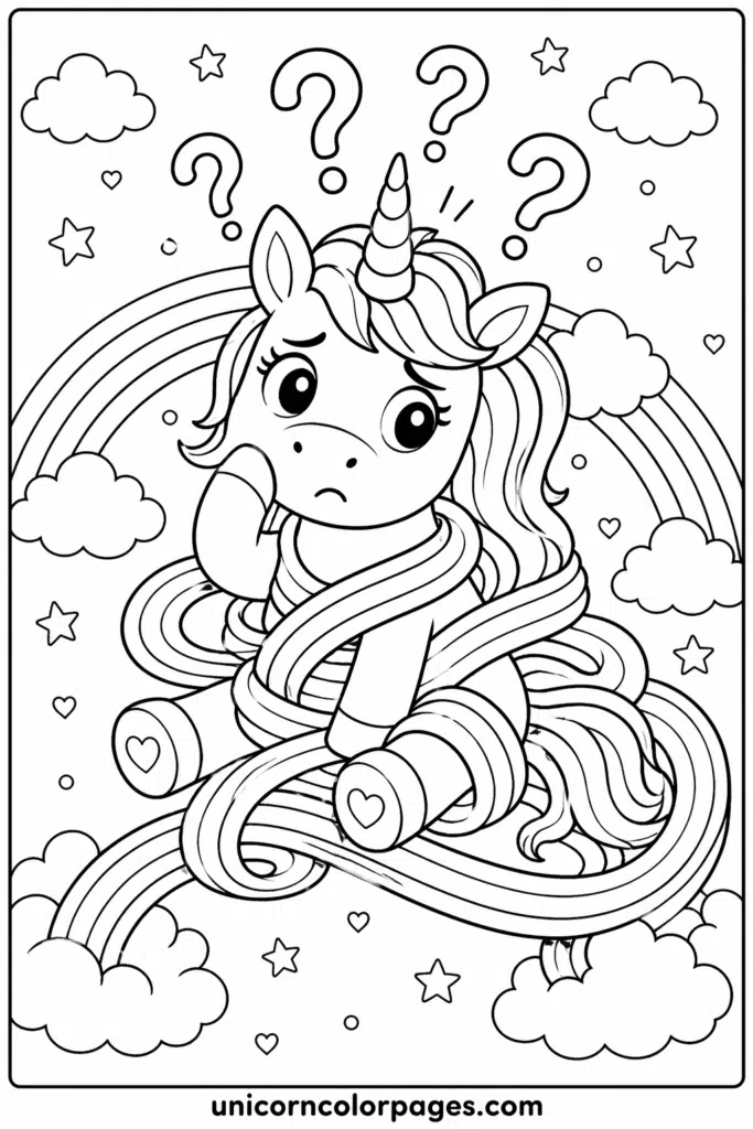 Funny confused unicorn tangled in rainbow coloring page