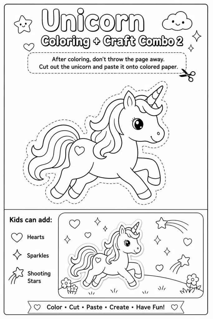 Black-and-white unicorn coloring and craft worksheet with a cute running unicorn, cut-out outline, and sections for adding hearts, sparkles, and shooting stars.