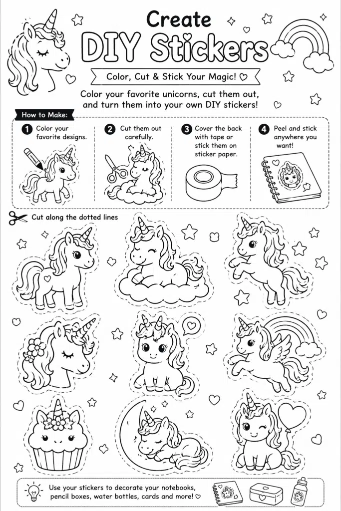 DIY unicorn sticker coloring page with cut-out designs and simple steps.