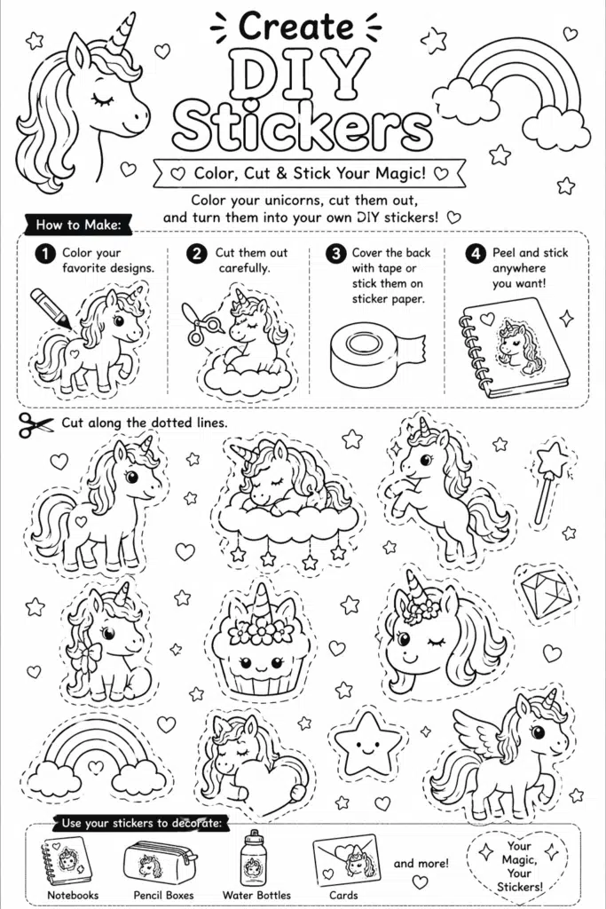 Unicorn sticker activity sheet with multiple designs for cutting and decorating.