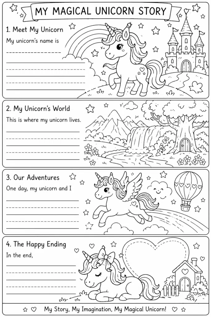 Magical unicorn story worksheet with four sections for coloring and storytelling