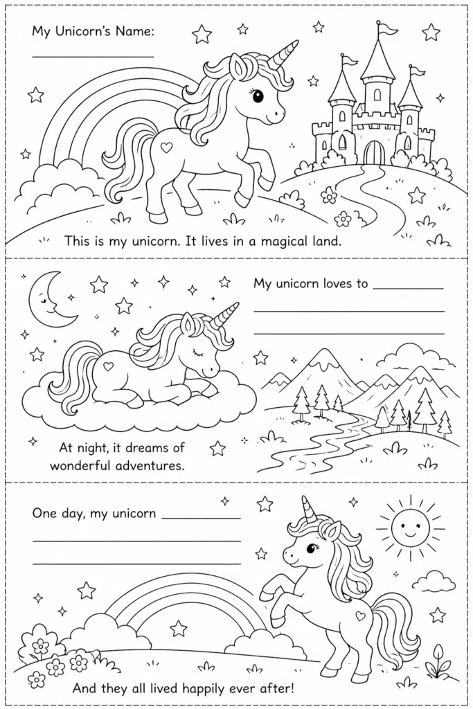 Unicorn storybook coloring page with three panels and writing prompts for kids