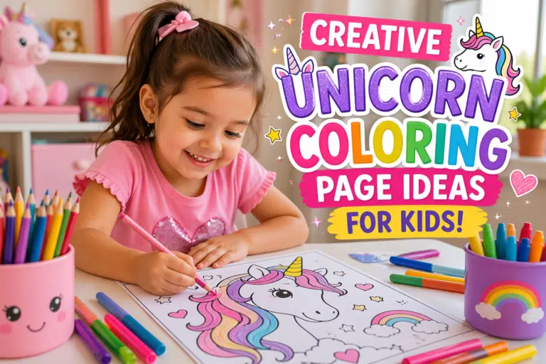 Happy little girl coloring a unicorn page with crayons – creative unicorn coloring ideas for kids