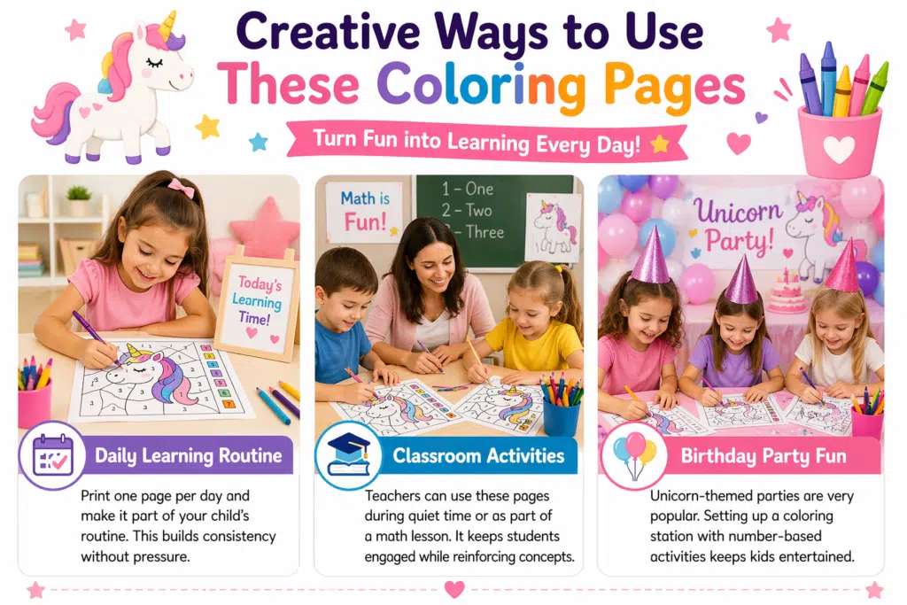 Kids using unicorn color-by-number pages in daily routine, classroom activities, and birthday party fun on a bright white background