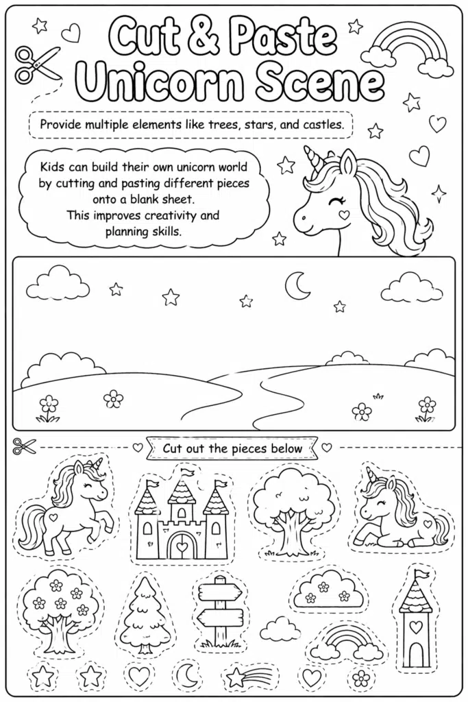 Unicorn cut-and-paste coloring page with varied pieces, including unicorns, trees, castle, and decorative icons.