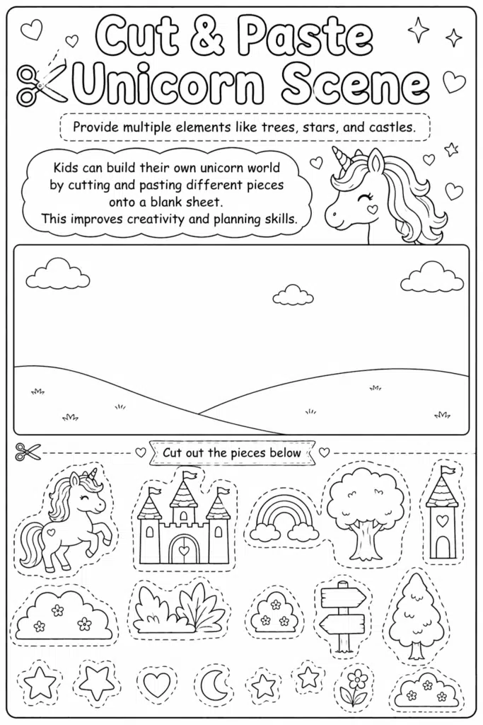 Black-and-white cut-and-paste unicorn scene worksheet with blank landscape and multiple elements to cut out.
