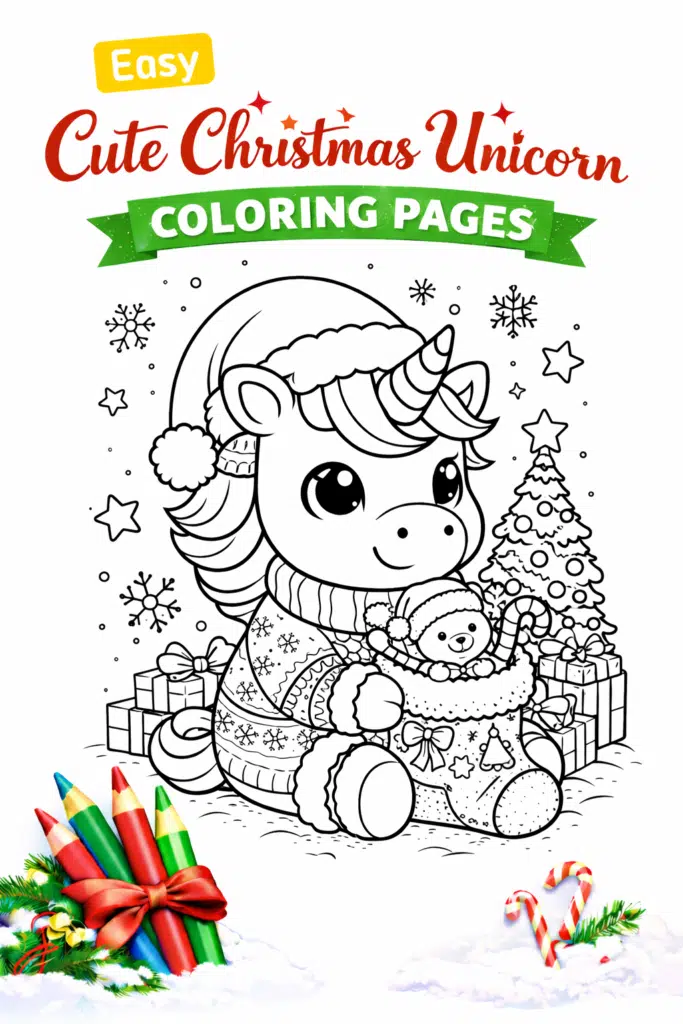Cute Christmas unicorn coloring page featuring a baby unicorn in a Santa hat holding a stocking with a teddy bear, surrounded by gifts, snowflakes, and a decorated Christmas tree.