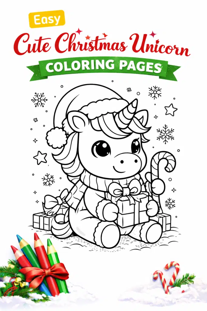 Adorable Christmas unicorn coloring pages cover showing a baby unicorn with gifts, candy cane, and winter outfit.