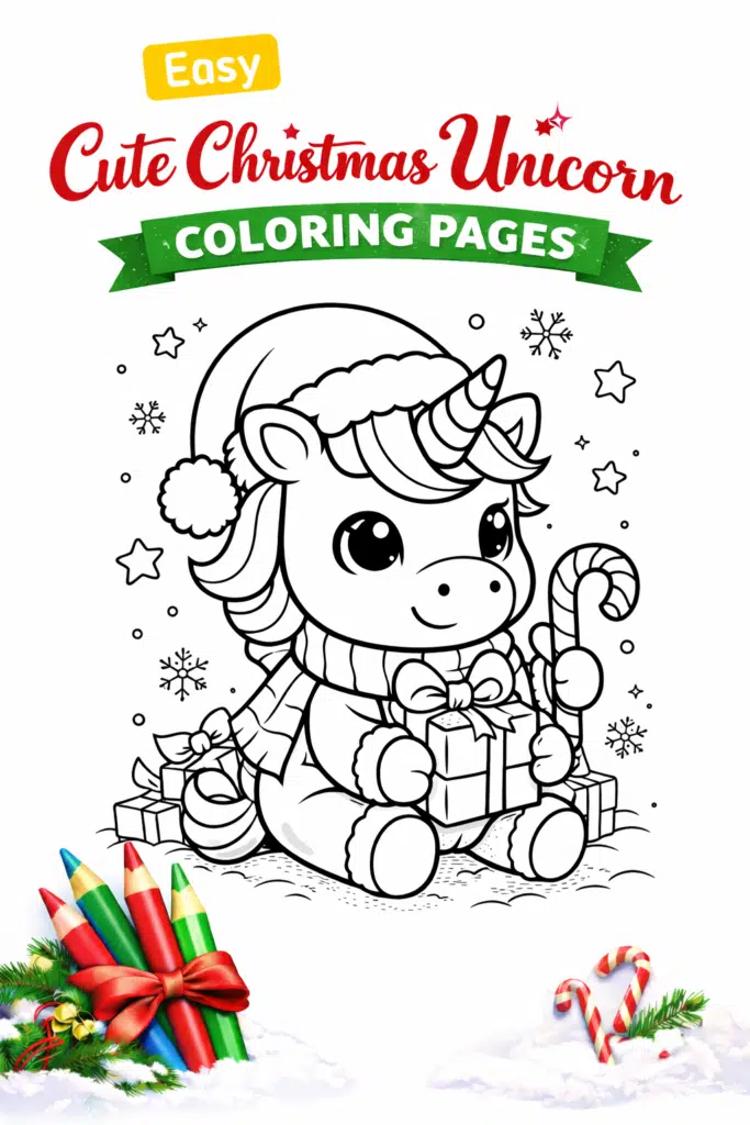 Cute Christmas unicorn coloring book cover with baby unicorn holding a gift and candy cane, wearing a Santa hat and scarf.
