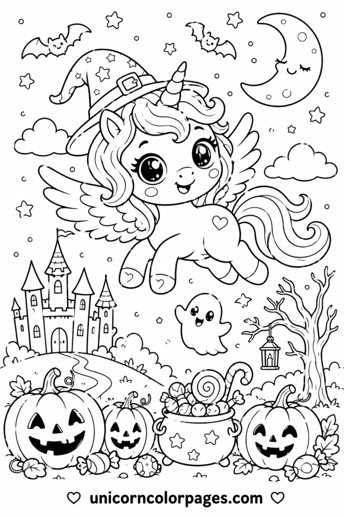 Free printable Halloween unicorn coloring sheet with pumpkin and candy