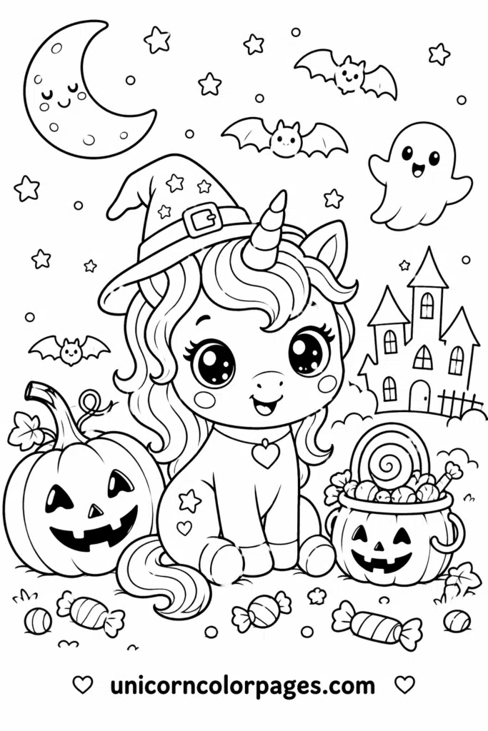 Adorable Halloween unicorn coloring page with castle and flying unicorn