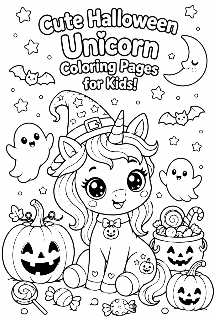 Cute Halloween unicorn coloring page for kids with pumpkin and ghost