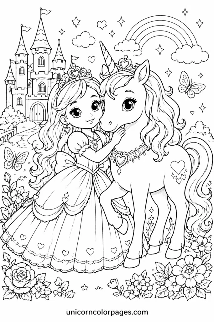 Princess hugging a cute unicorn near a castle and rainbow coloring page.
