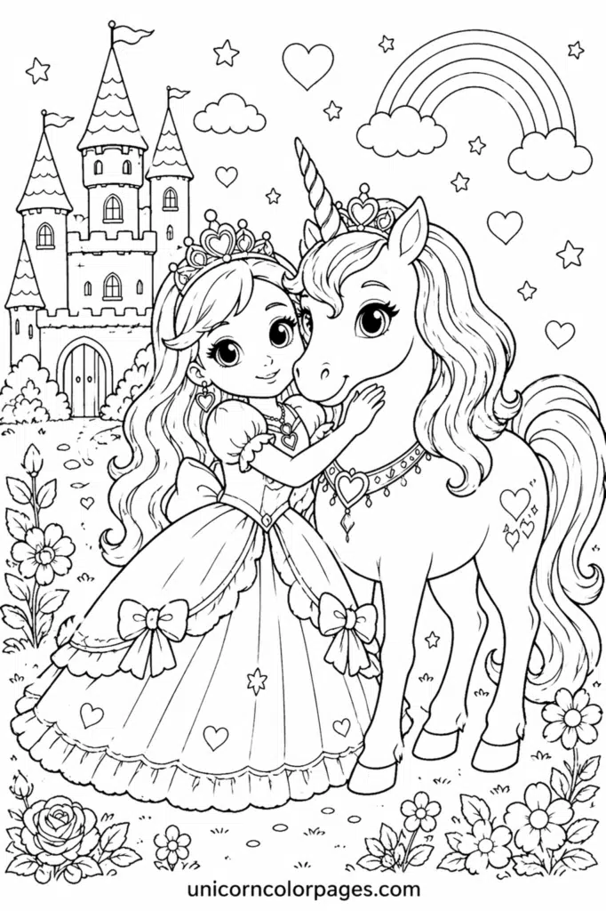 Adorable princess and unicorn coloring page with castle, flowers, hearts, and rainbow background.