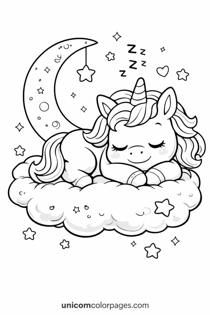 Sleeping baby unicorn on cloud under moon coloring page.