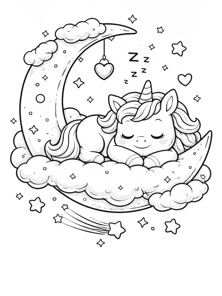 Baby unicorn sleeping inside crescent moon coloring page.