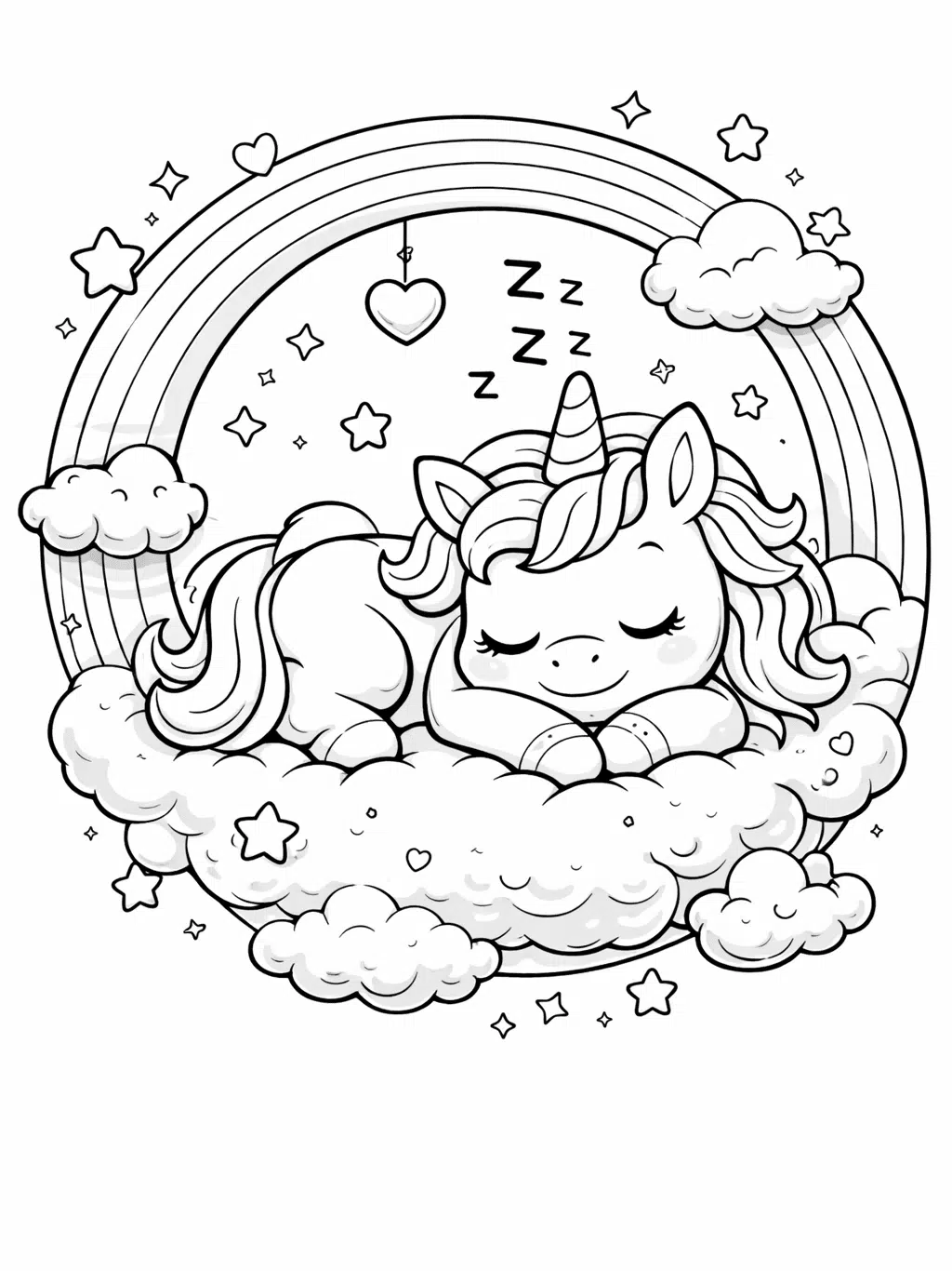 Sleeping baby unicorn on cloud with rainbow coloring page.