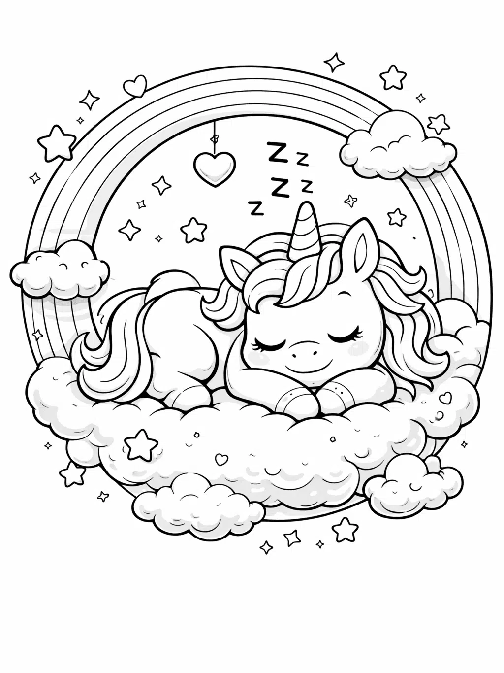 Sleeping baby unicorn on cloud with rainbow coloring page.