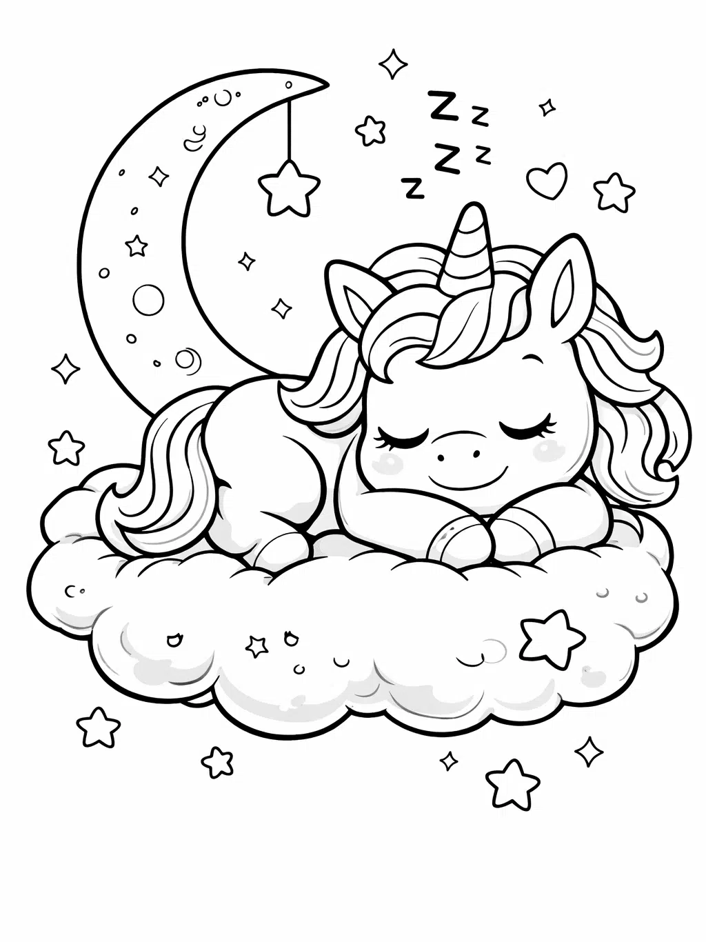 Sleeping baby unicorn on cloud under moon coloring page.