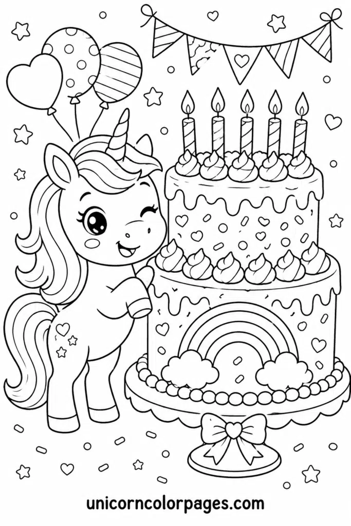 Kawaii unicorn with a birthday cake, candles, and party decorations coloring page
