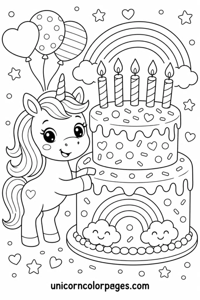 Cute unicorn standing beside a large birthday cake with candles, balloons, and rainbow decorations coloring page