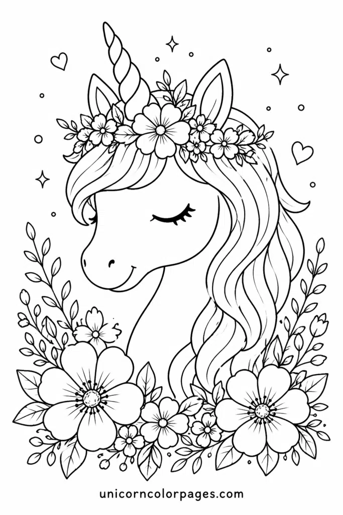 A detailed unicorn coloring page showing a unicorn with a long flowing mane, flower crown, and surrounding flowers, ideal for engaging and creative coloring.