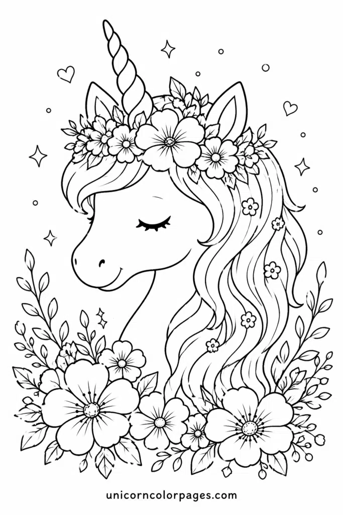 Unicorn with flowing mane and flower crown coloring page, detailed floral design for kids.