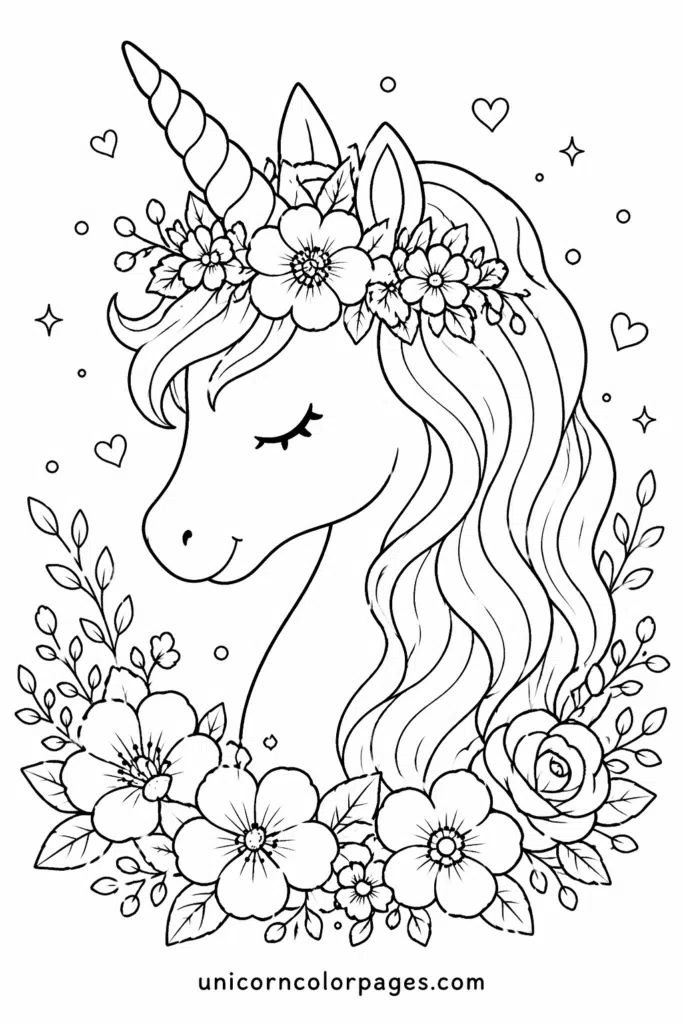 Cute unicorn with flower crown coloring page, surrounded by floral elements and clean outline design.