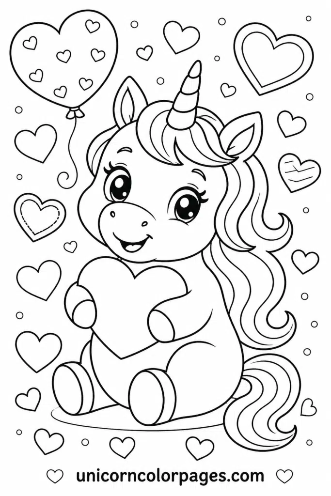 Cute unicorn holding heart with Valentine hearts coloring page