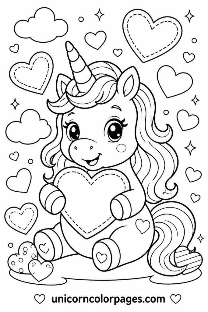 Kawaii unicorn with heart and clouds Valentine coloring page
