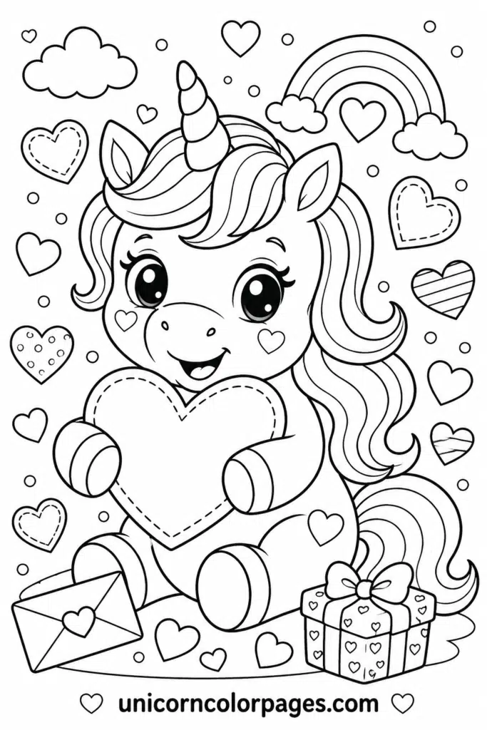 Unicorn with heart rainbow and gift Valentine coloring page