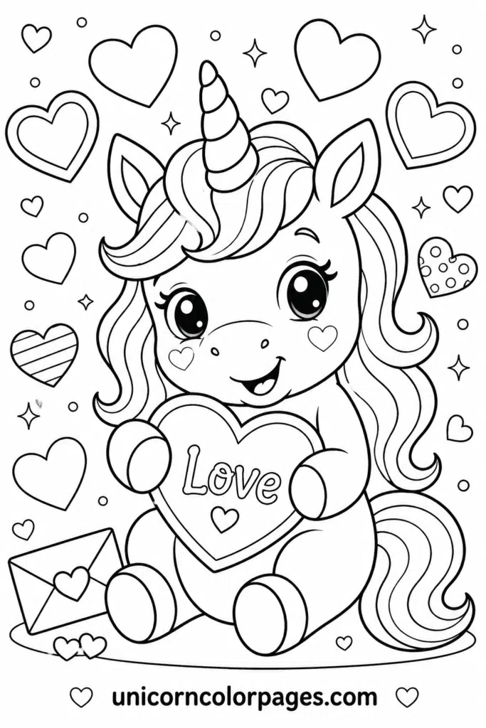 Baby unicorn holding love heart Valentine coloring page
