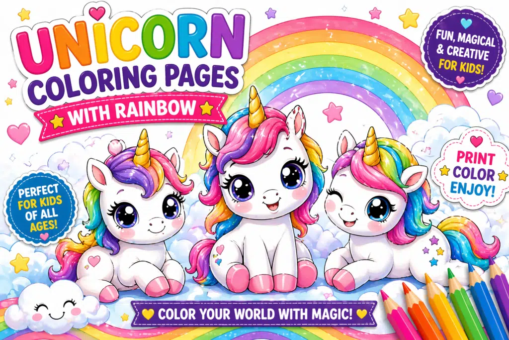 Unicorn coloring pages with rainbow cute baby unicorns.