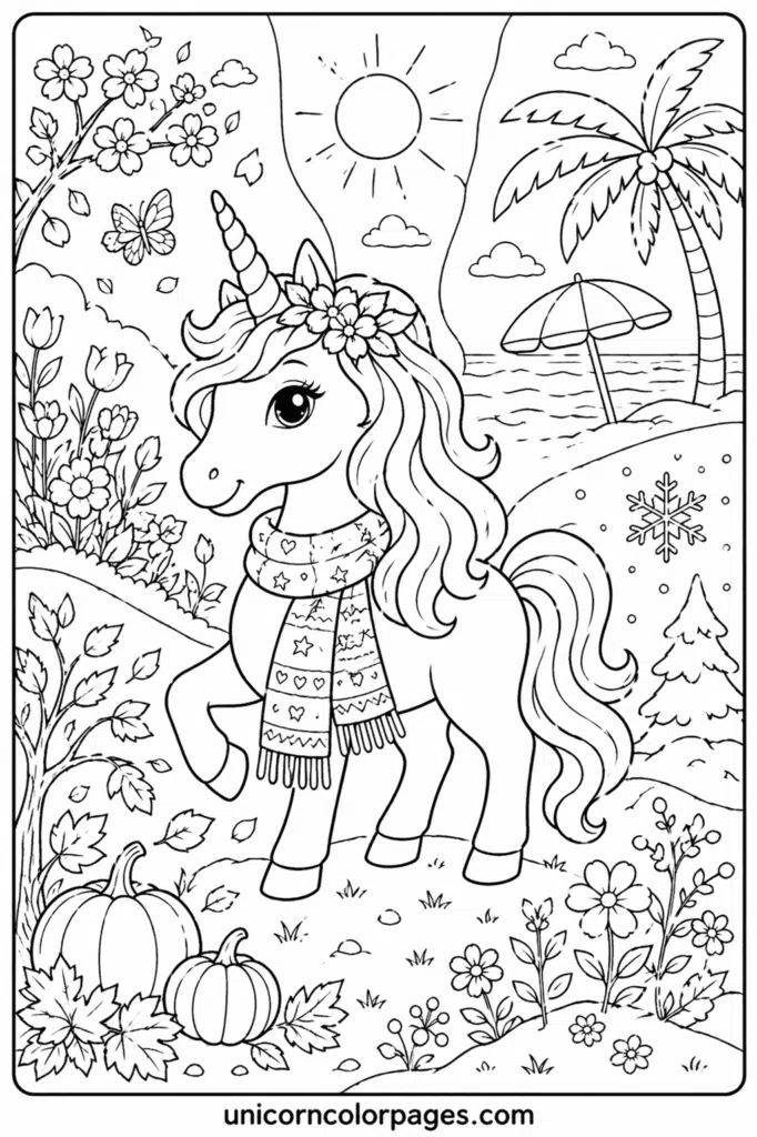 DIY unicorn coloring page with seasonal background elements like flowers, beach, pumpkins, and snowflakes in black and white.