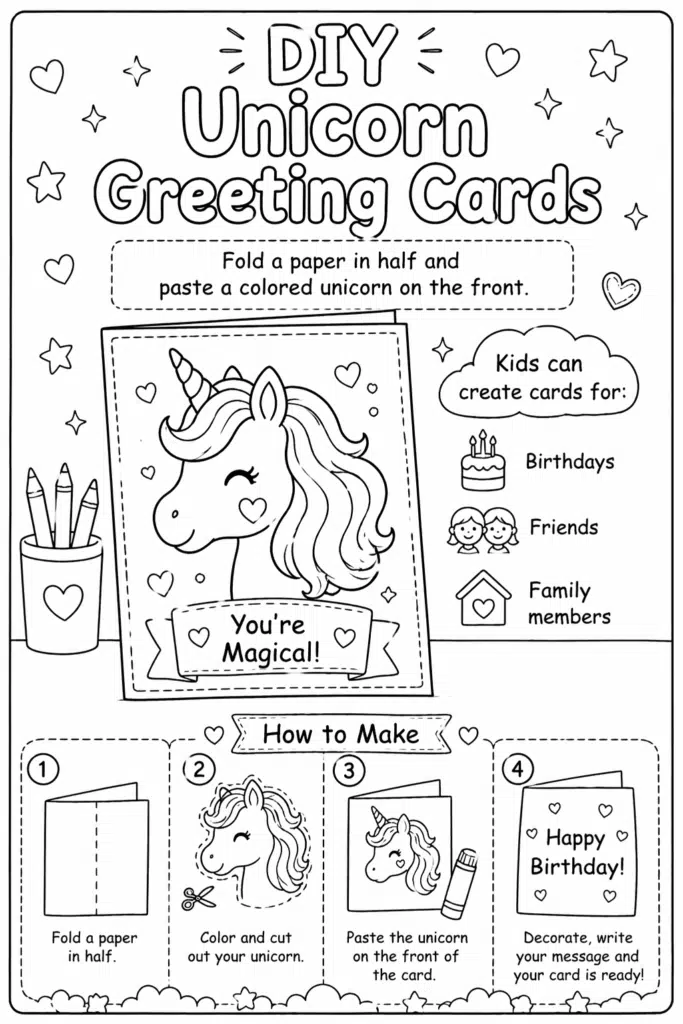 DIY unicorn greeting card coloring page with step-by-step instructions